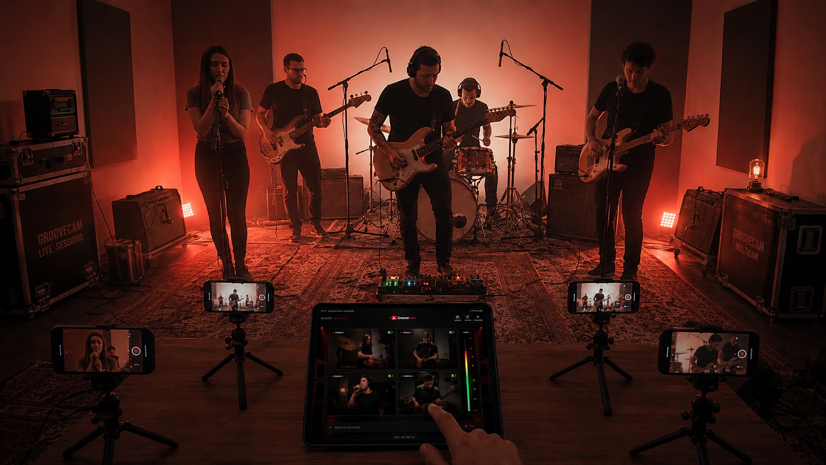 Banda gravando em estúdio com GrooveCam